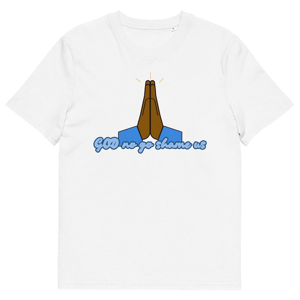 God No Go Shame Us white Pidgin faith tee by Attihverse.