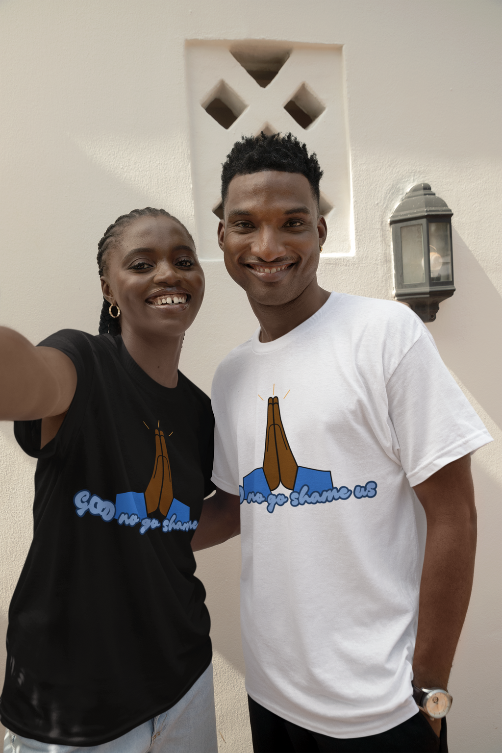 God No Go Shame Us white Pidgin faith tee by Attihverse.