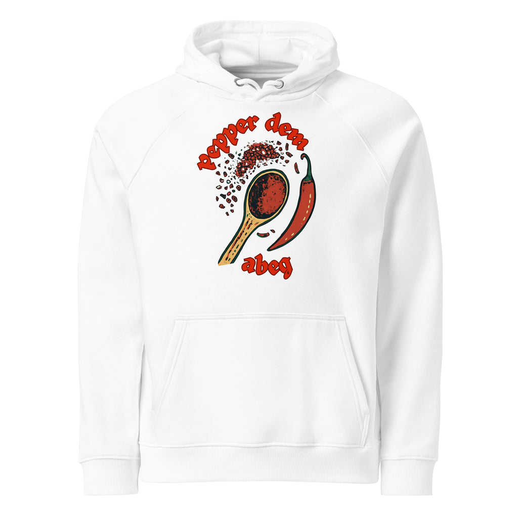 Pepper Dem Abeg white Pidgin statement hoodie by Attihverse.