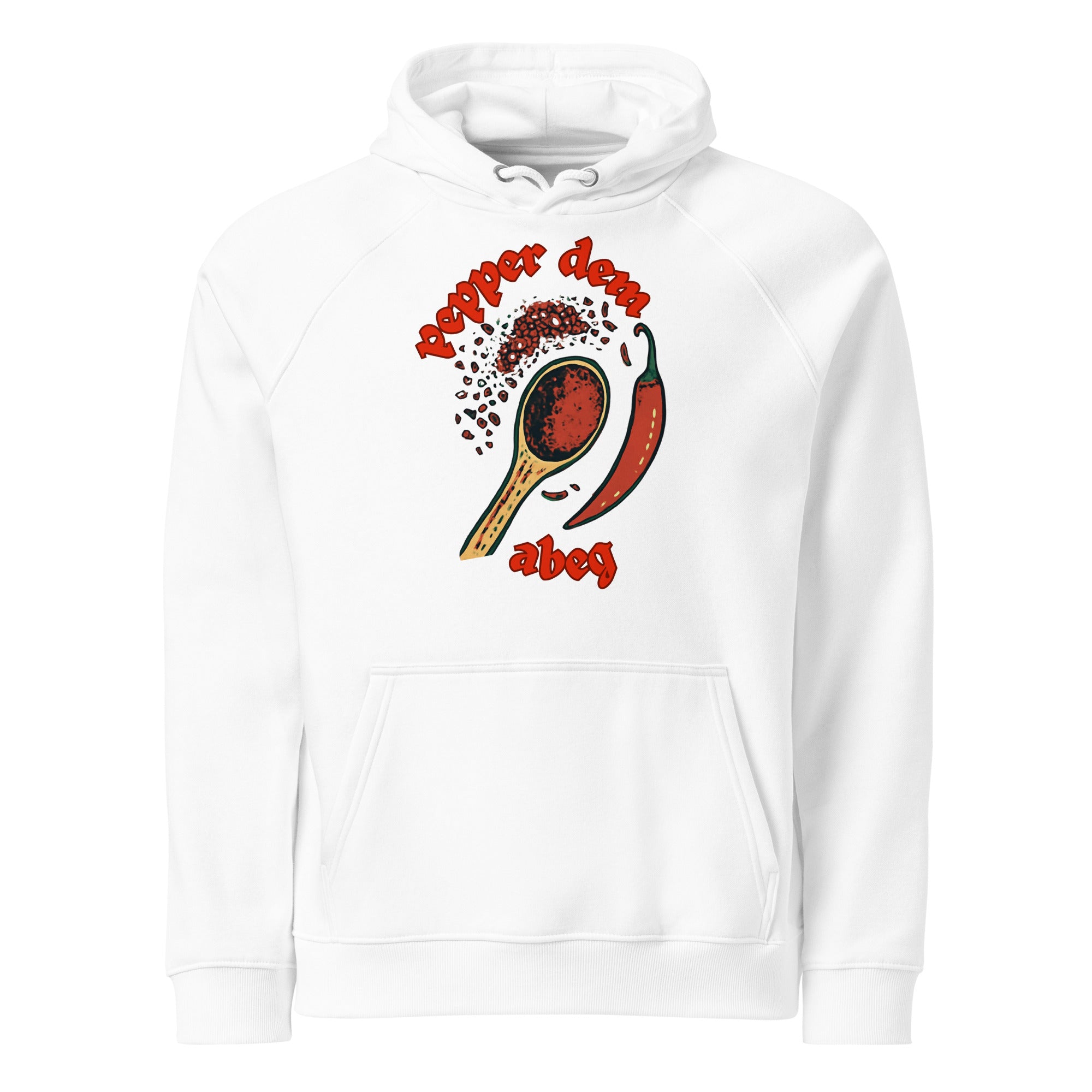Pepper Dem Abeg white Pidgin statement hoodie by Attihverse.